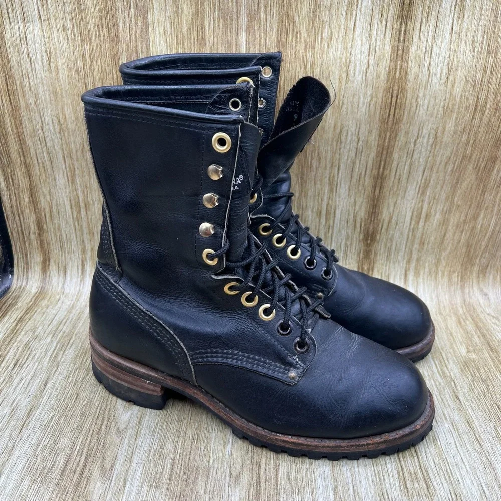 Carolina Logger Boots Men's Size 9 Black Leather Lace Up Made in USA Lug Sole